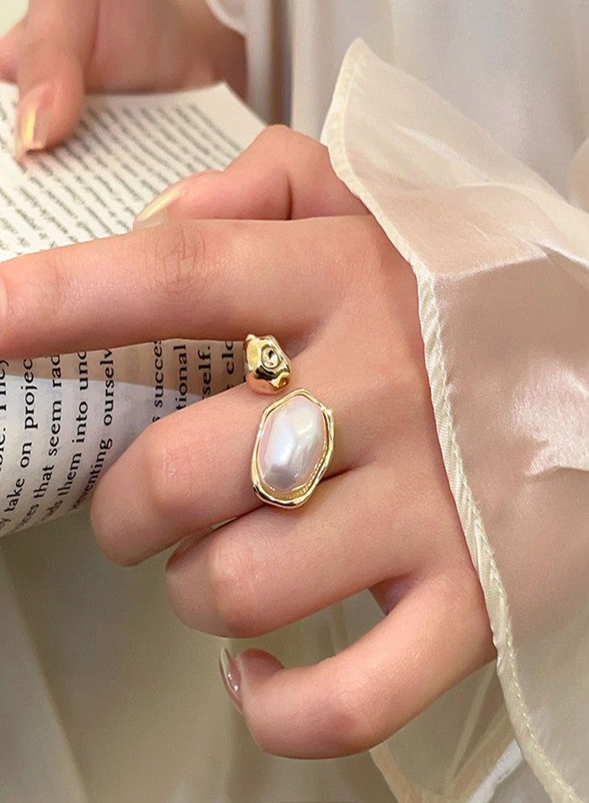 GLMOCM Baroque Pearl Ring for Women Irregular Pearl Rings Gold Statement Ring Adjustable Chunky Pearl Ring for Women Holiday Wedding Jewelry (Gold and pearl) - Image 2